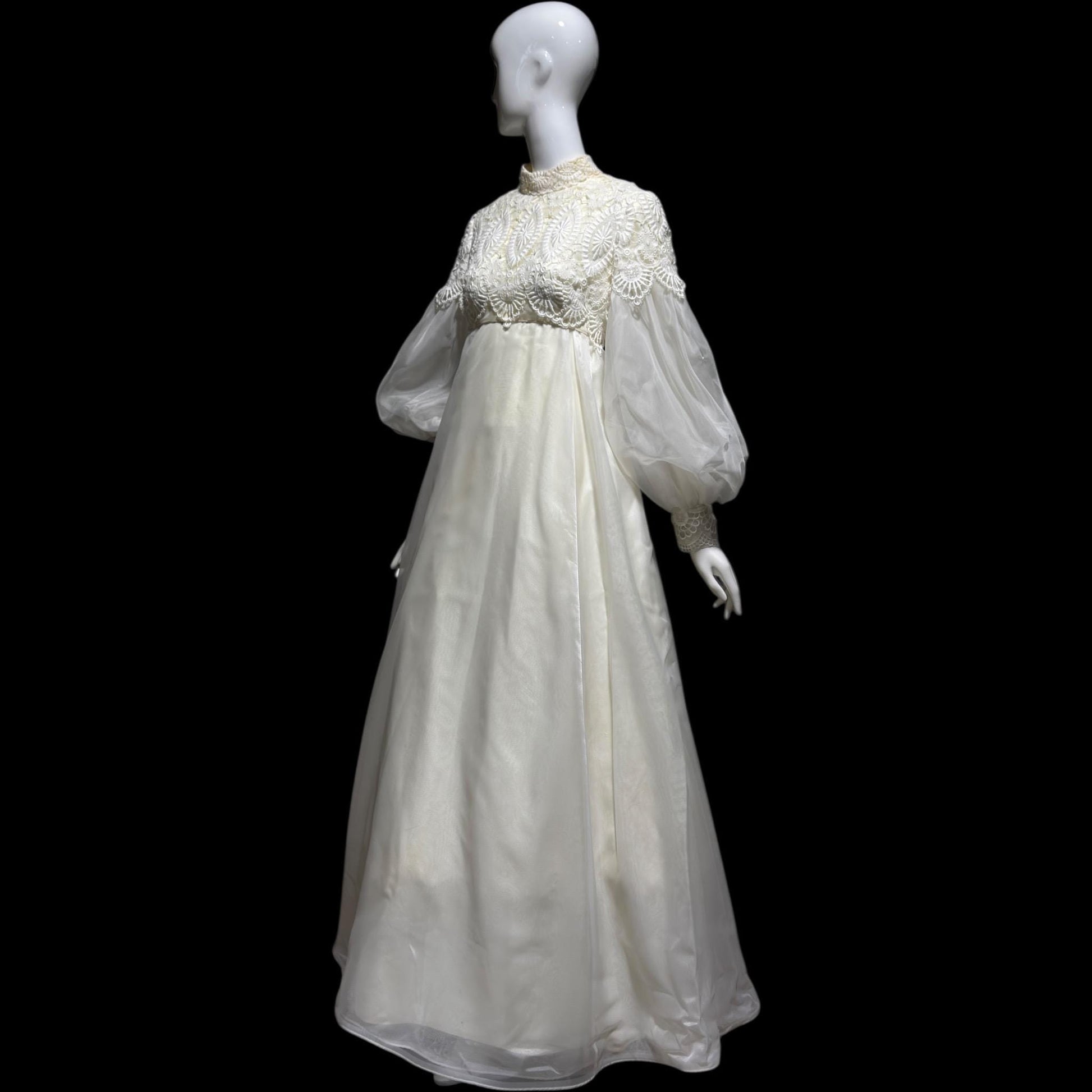 EMMA DOMB vintage wedding dress gown, 1960s white Queen Anne High Neck Juliet Puffed Sleeve Romantic Bride