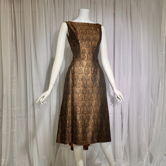 ESTEVEZ GRENELLE vintage evening cocktail party dress, 1950s brown paisley damask high low dress