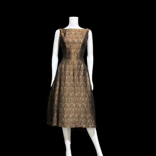 ESTEVEZ GRENELLE vintage evening cocktail party dress, 1950s brown paisley damask high low dress