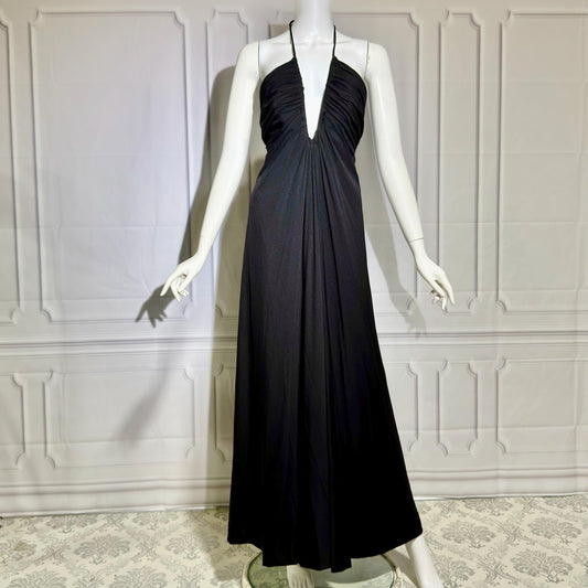 ESTEVEZ Vintage 1970s Black Jersey Knit Gown, Grecian Goddess Plunging Halter Neckline