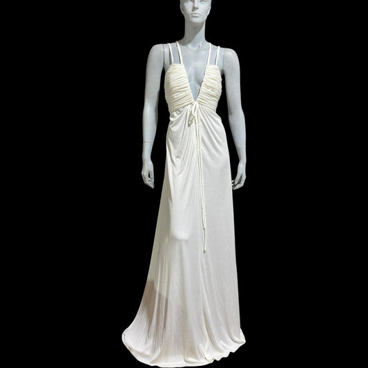 ESTEVEZ Vintage 1970s White Jersey Knit Gown: Grecian Goddess Plunging Neckline Backless