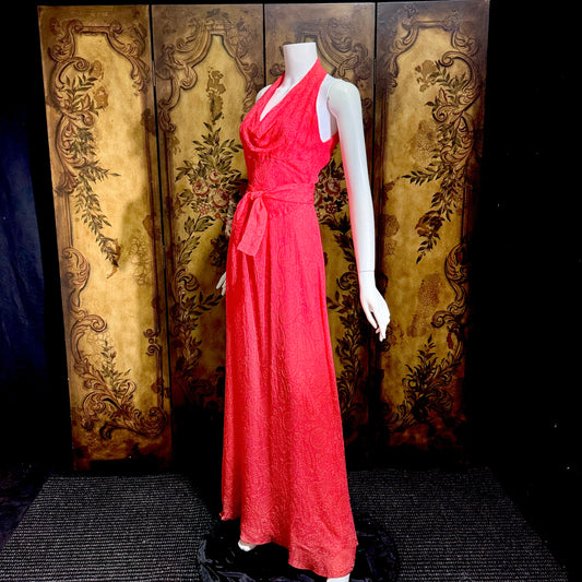 ESTEVEZ Vintage evening dress, 1970s Salmon Coral embossed paisley full length halter gown