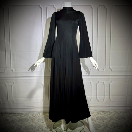 ESTEVEZ vintage 1970s evening gown, Eva Gabor Look Black high neck hostess gown dress
