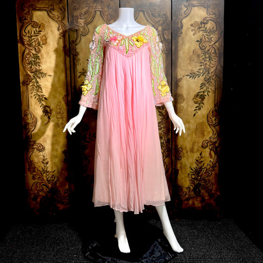 ESTHER BUZZOLINI vintage evening dress gown, 1960s pink silk chiffon beaded shift gown