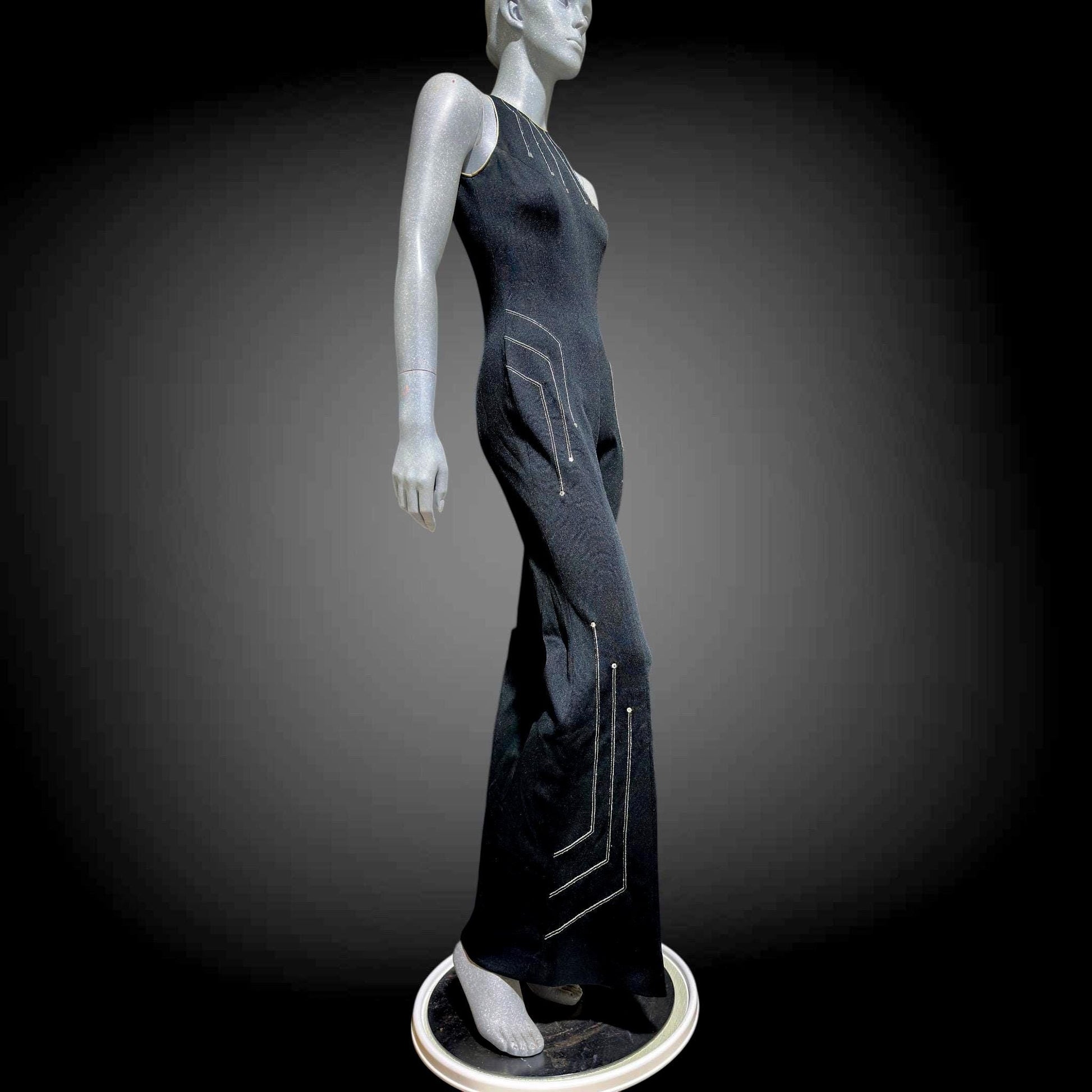 ESTIVO vintage 1970s bell bottom jumpsuit, black poly knit disco jumpsuit, embroidery & rhinestones