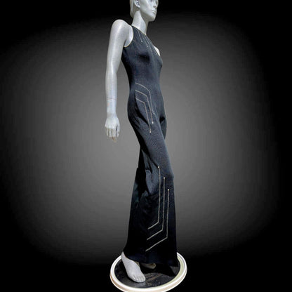 ESTIVO vintage 1970s bell bottom jumpsuit, black poly knit disco jumpsuit, embroidery & rhinestones