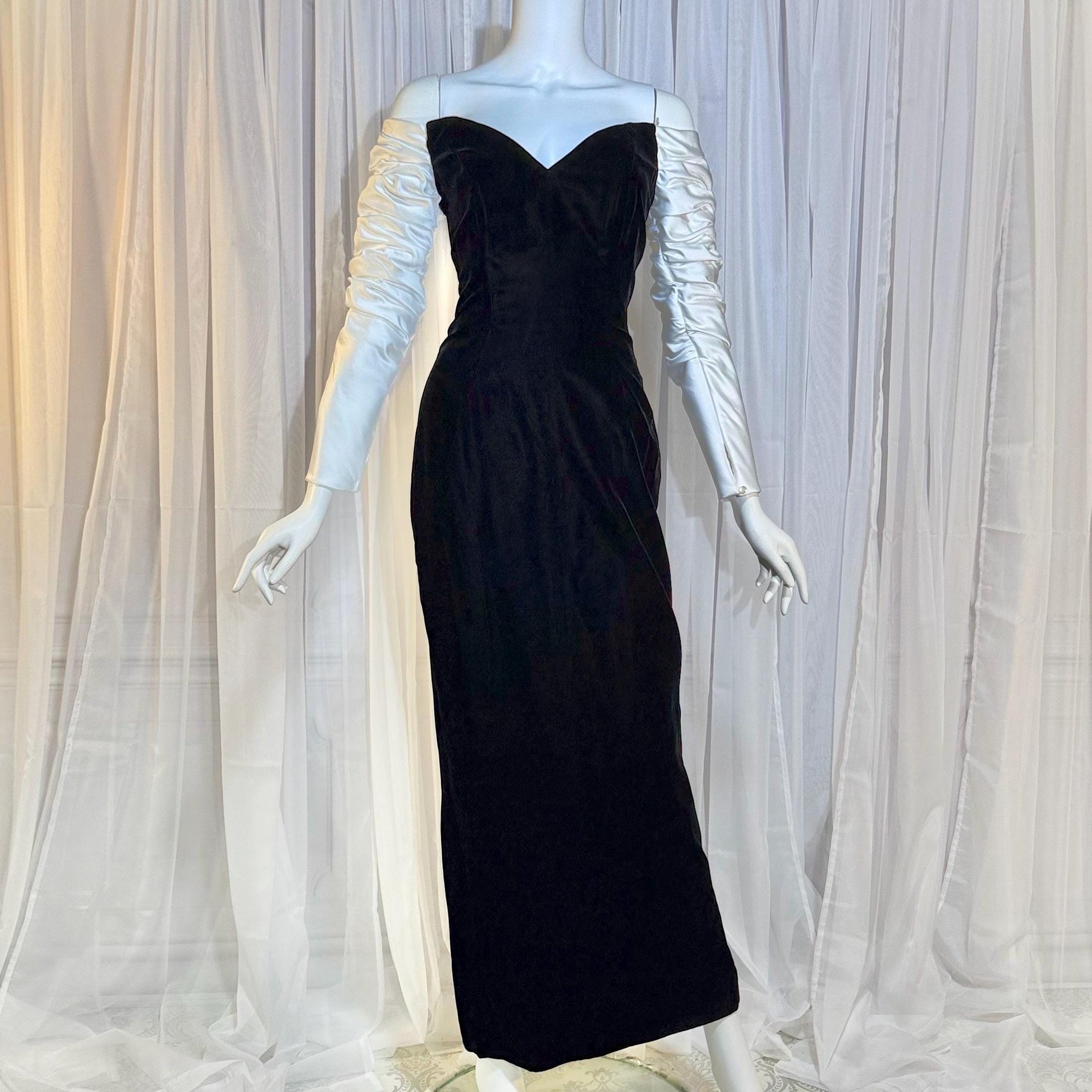 EUGENE ALEXANDER Vintage 1980s evening dress gown, Black Velvet White Satin gown