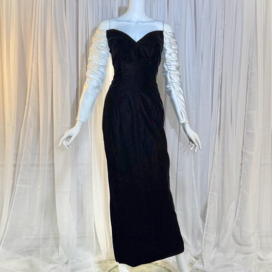 EUGENE ALEXANDER Vintage 1980s evening dress gown, Black Velvet White Satin gown