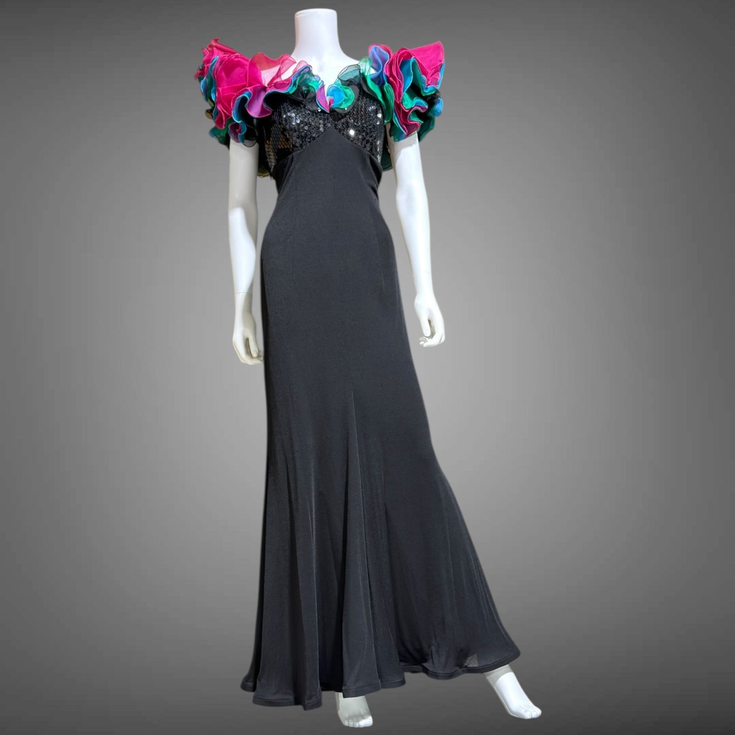 EUGENE ALEXANDER, vintage 1980s evening gown, Black sheath dress, HUGE ruffle collar, Sequin Bodice, on or off shoulders