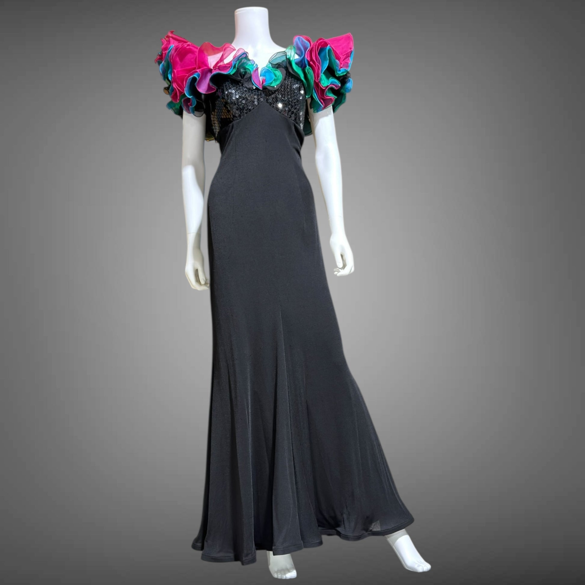EUGENE ALEXANDER, vintage 1980s evening gown, Black sheath dress, HUGE ruffle collar, Sequin Bodice, on or off shoulders