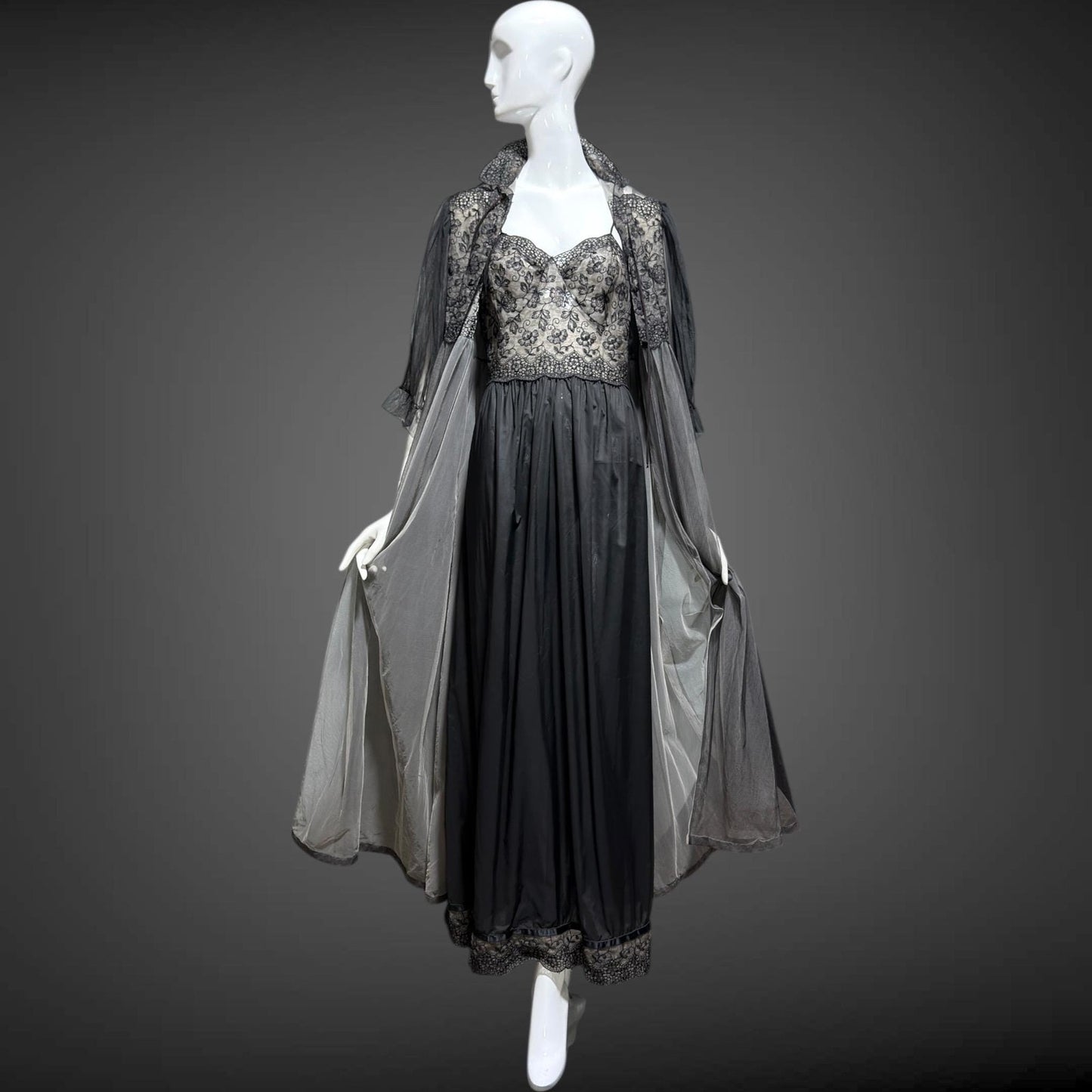 EYEFUL Vintage nightgown robe set, 1950s peignoir set, sheer black Old Hollywood lingerie dress