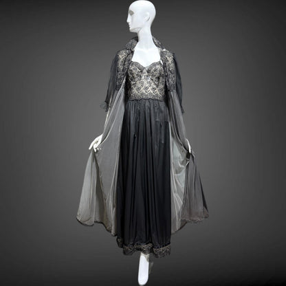 EYEFUL Vintage nightgown robe set, 1950s peignoir set, sheer black Old Hollywood lingerie dress