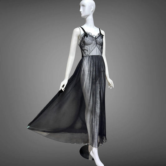 FAIRIE vintage 1950s Nightgown Slip Dress, sheer black nylon & lace full length lingerie dress