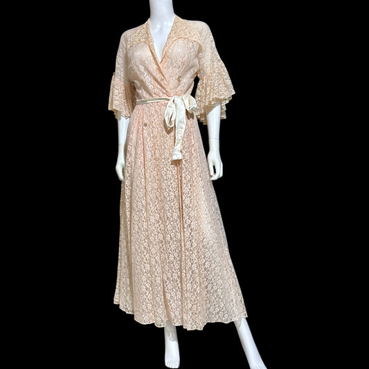 FLOBERT Vintage 1940s dressing gown robe, dusty pink sheer nylon lace wrap front full sweep housecoat hostess dress