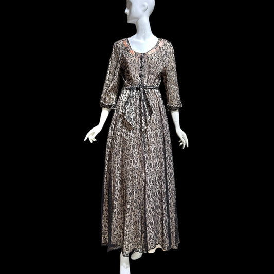 FLOBERT vintage 1940s black lace dressing gown robe, sheer black lace with pink ribbon trim