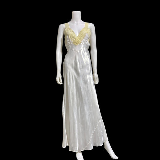 FORTY WINKS Vintage 1940s Nightgown Slip Dress, shiny white bias cut rayon lingerie dress