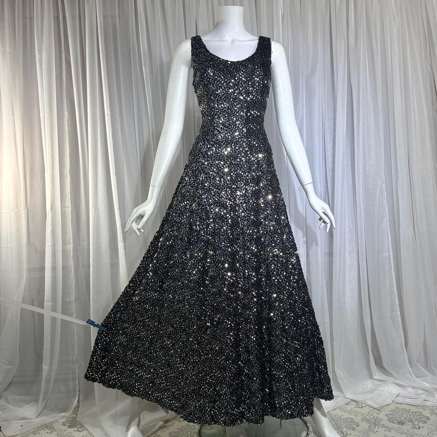 FRANKLIN SIMON Vintage evening dress gown, 1960s black silver sequin flared tank gown Medium