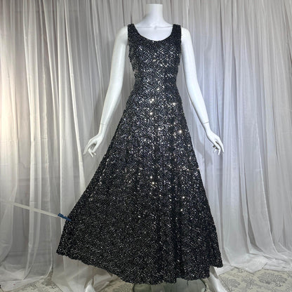 FRANKLIN SIMON Vintage evening dress gown, 1960s black silver sequin flared tank gown Medium