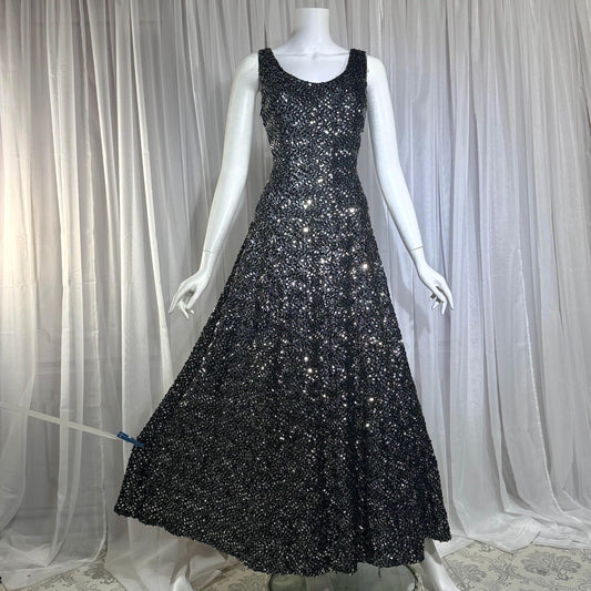 FRANKLIN SIMON Vintage evening dress gown, 1960s black silver sequin flared tank gown Medium