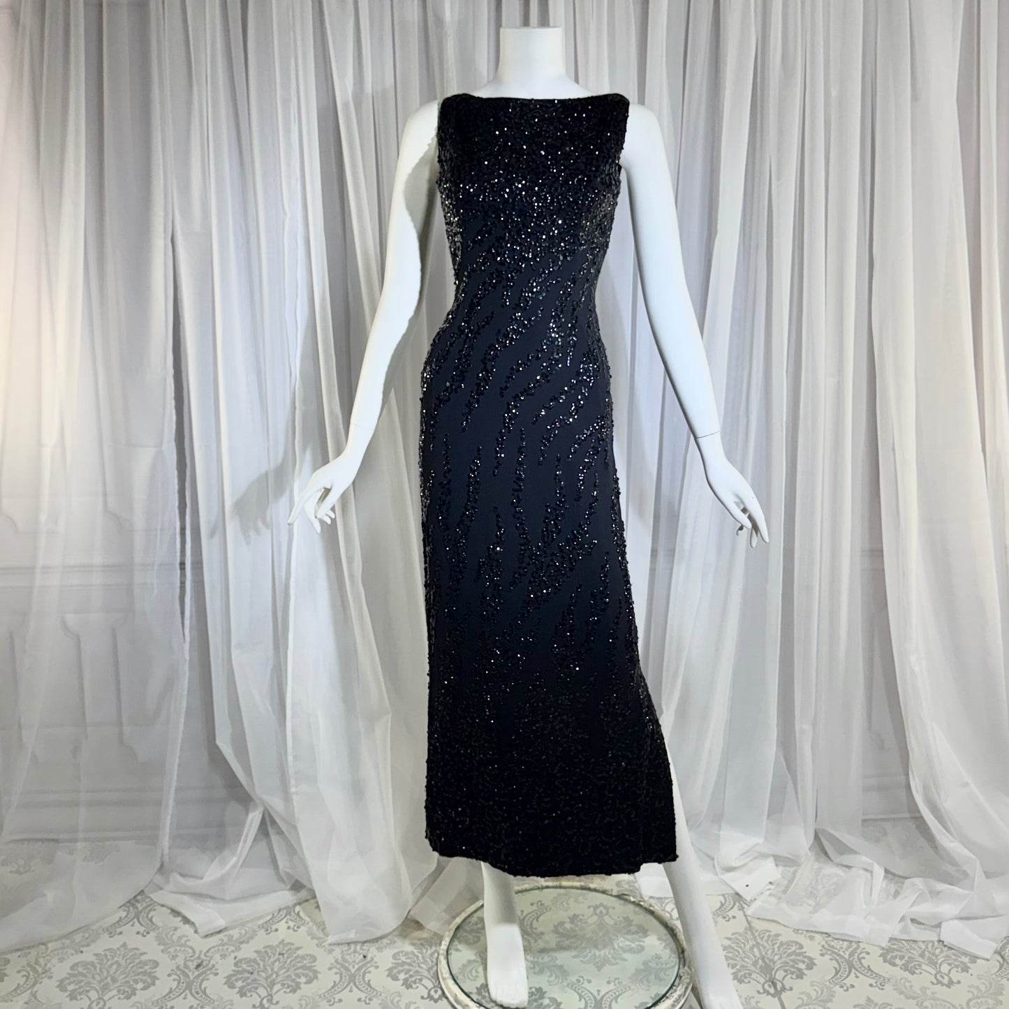 FRANK STARR Vintage 1950s evening gown dress, Lord & Taylor, black sequin sheath evening gown