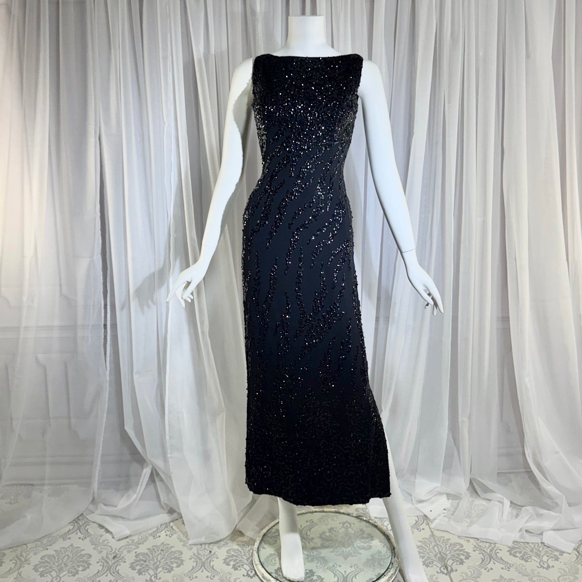 FRANK STARR Vintage 1950s evening gown dress, Lord & Taylor, black sequin sheath evening gown