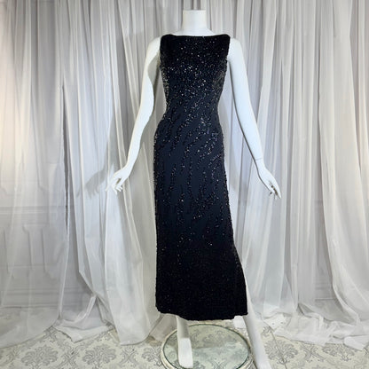 FRANK STARR Vintage 1950s evening gown dress, Lord & Taylor, black sequin sheath evening gown
