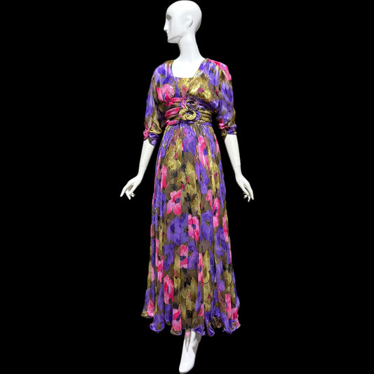 FRANK USHER LONDON, vintage 1970s evening dress, jewel tone floral chiffon with gold metallic