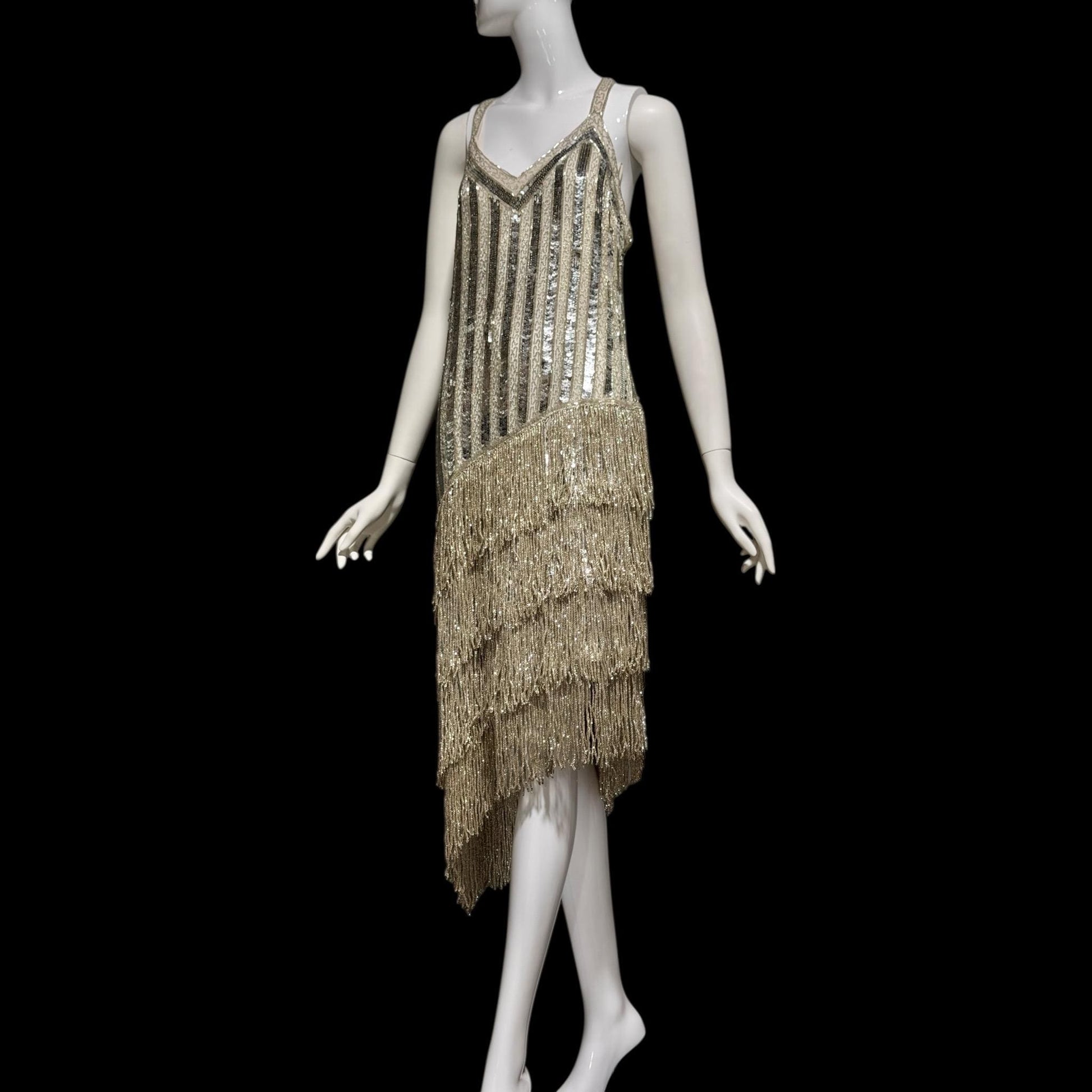 FRANK USHER vintage 1980s evening dress, Silver sequin and fringe cocktail flapper slip dress