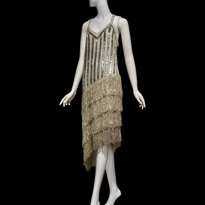 FRANK USHER vintage 1980s evening dress, Silver sequin and fringe cocktail flapper slip dress
