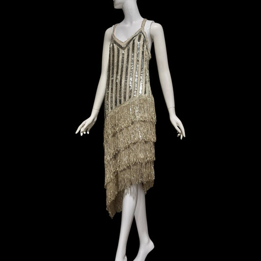 FRANK USHER vintage 1980s evening dress, Silver sequin and fringe cocktail flapper slip dress