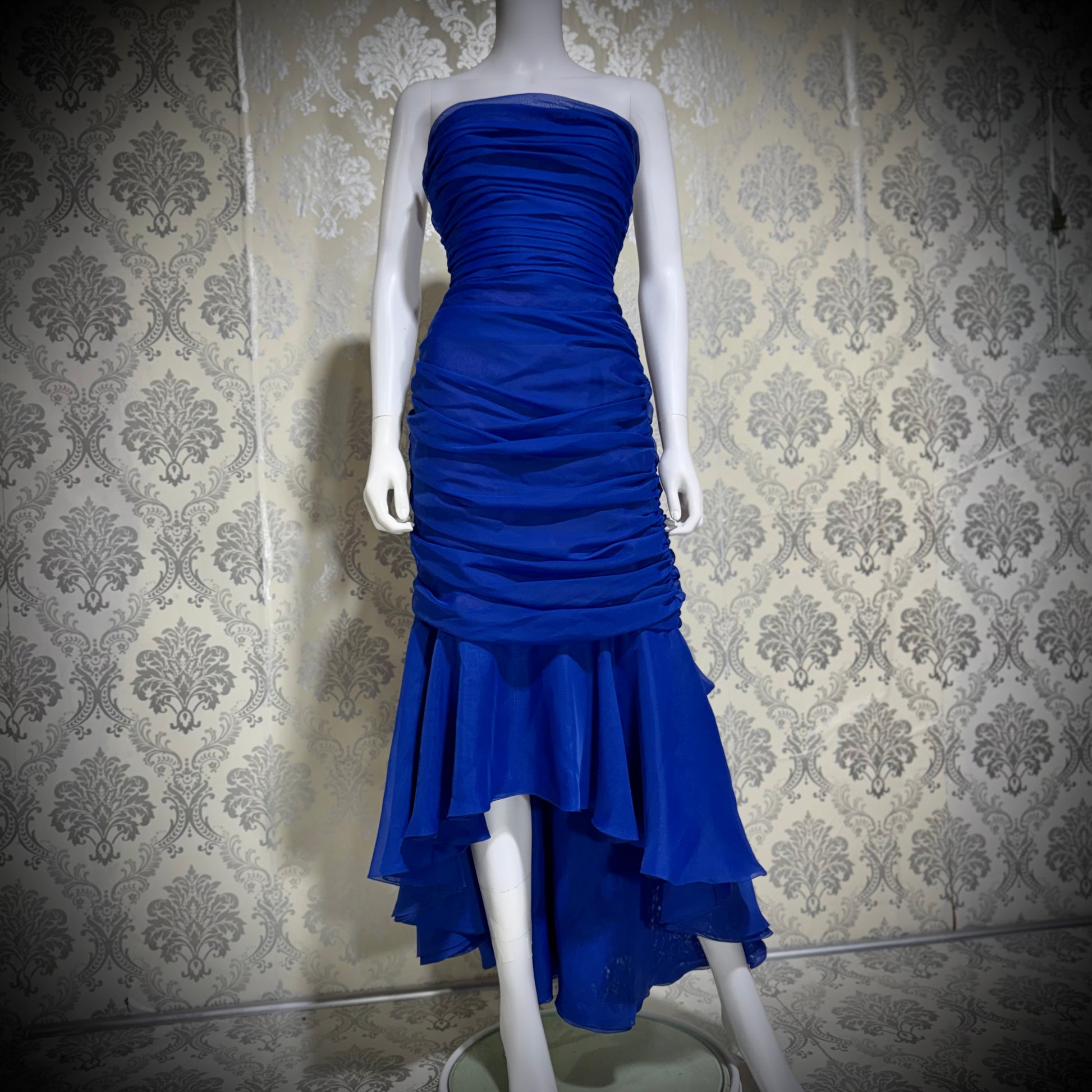 FRANK USHER vintage evening cocktail dress, 1980s Blue Purple high low mummy Party Dress