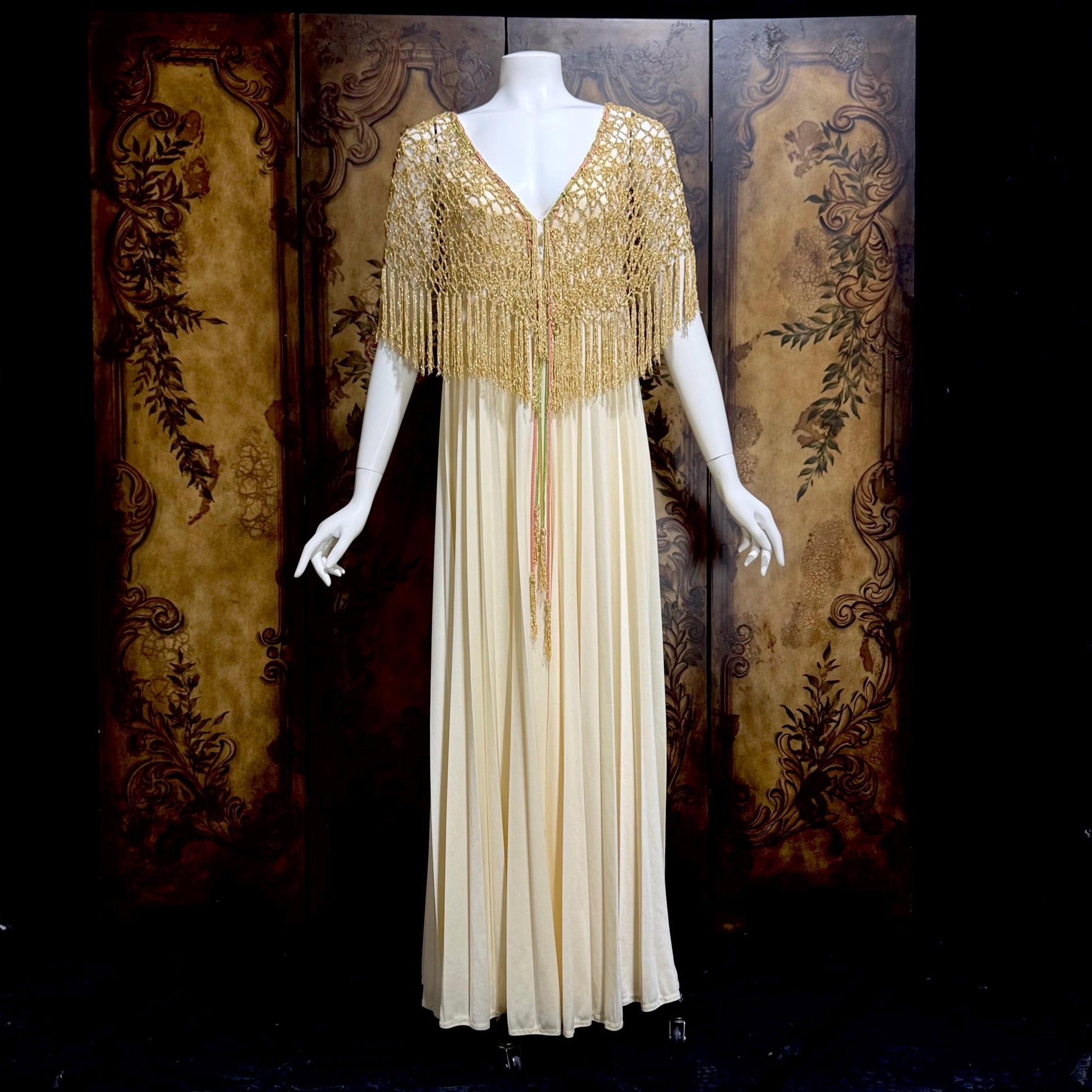 FRANK USHER vintage evening gown dress, 1970s Cream pleat Gold crochet fringe slip dress