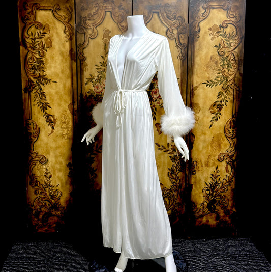 FREDERICKS OF HOLLYWOOD vintage 1970s dressing gown robe, white nylon marabou wrap house coat