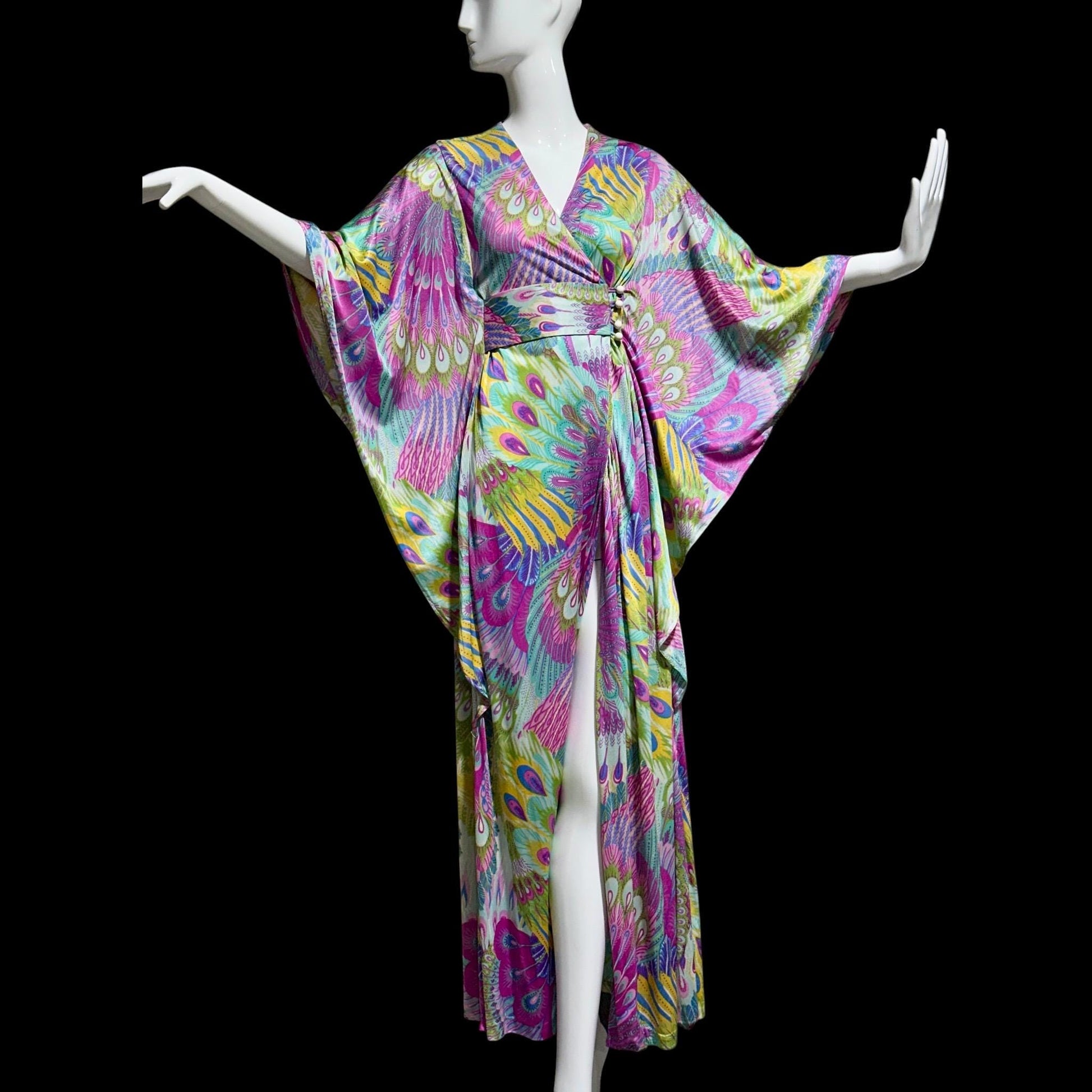 FREDERICK'S of HOLLYWOOD vintage 1970s caftan dress, psychedelic nylon Op Art kaftan House Dress