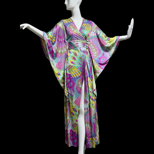 FREDERICK'S of HOLLYWOOD vintage 1970s caftan dress, psychedelic nylon Op Art kaftan House Dress