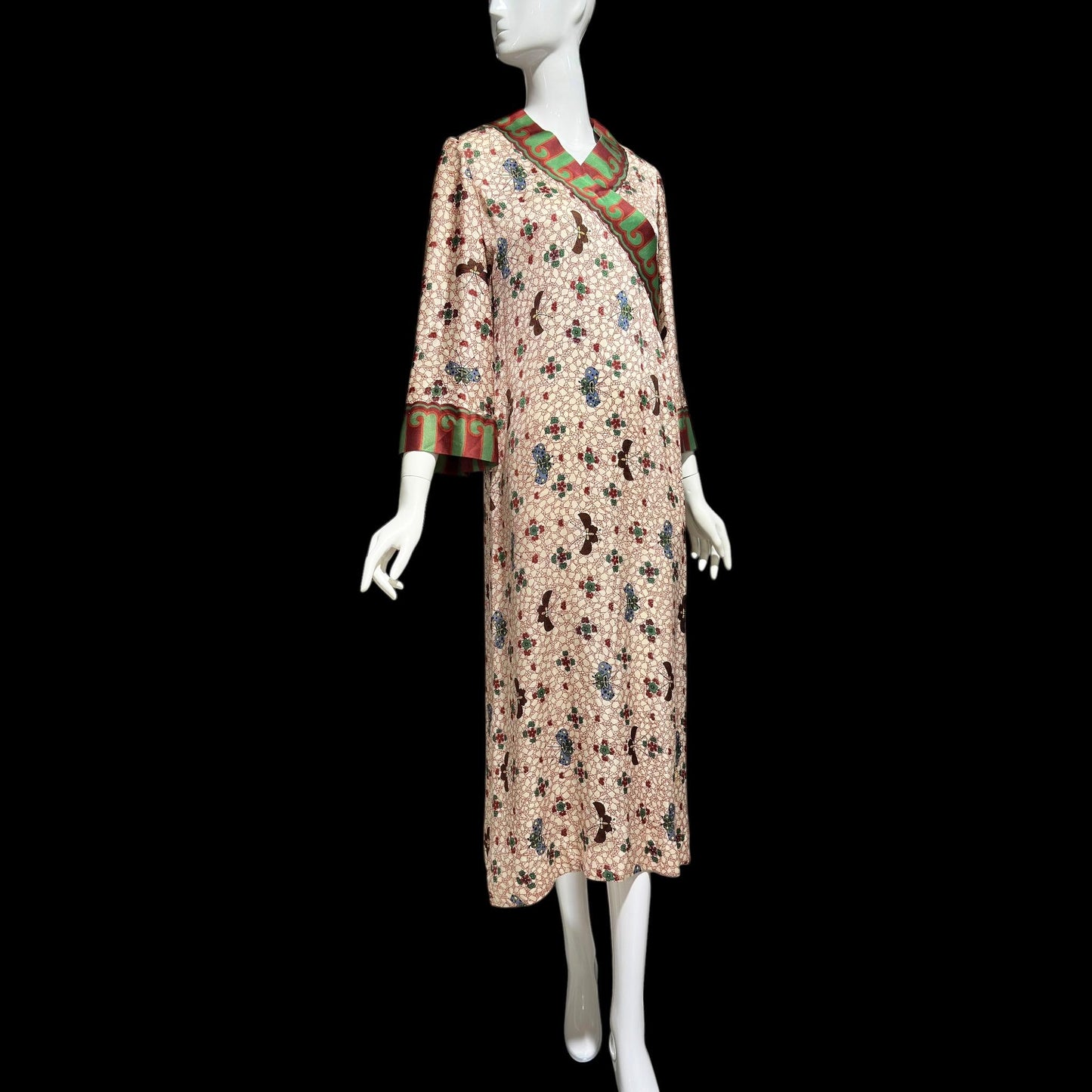 GALITZINE vintage 1960s butterfly print caftan dress, and SAKOWITZ, shift cut gown