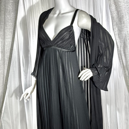 Vintage GEORGETTE TRABOLSI Peignoir Set, 1980s black pleated nightgown robe lingerie dress set