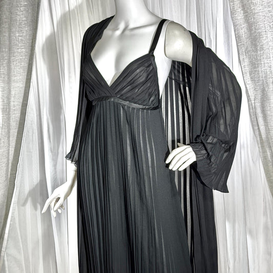 Vintage GEORGETTE TRABOLSI Peignoir Set, 1980s black pleated nightgown robe lingerie dress set