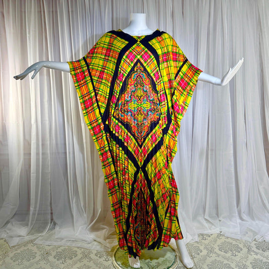 GEORGIE KEYLOUN Vintage 1960s Kaftan Dress, Op Art Accordion Pleated Nite Day Party Hostess Caftan