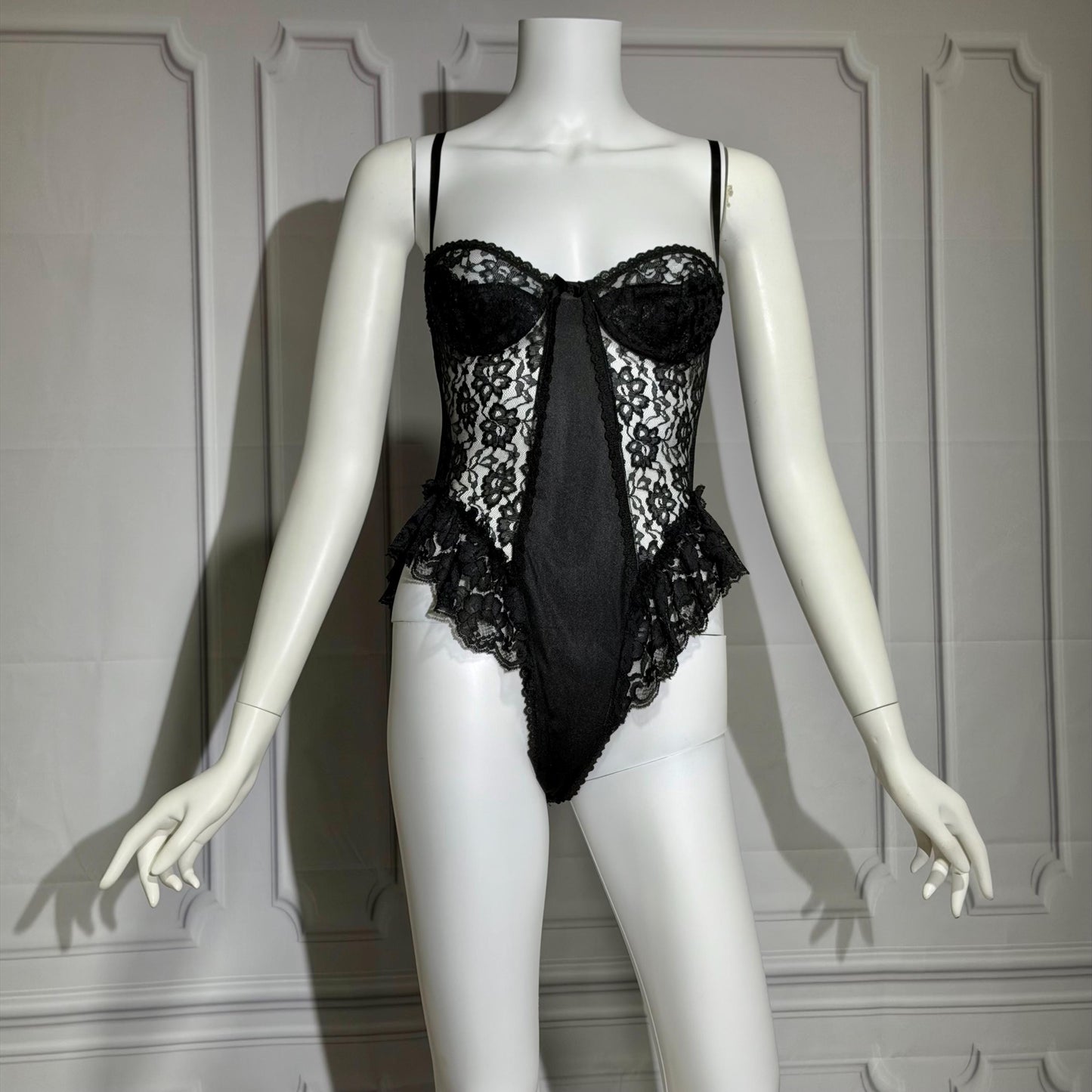GIOVANNA vintage 1980s Lace Lingerie Teddy, black sheer lace teddy bodysuit