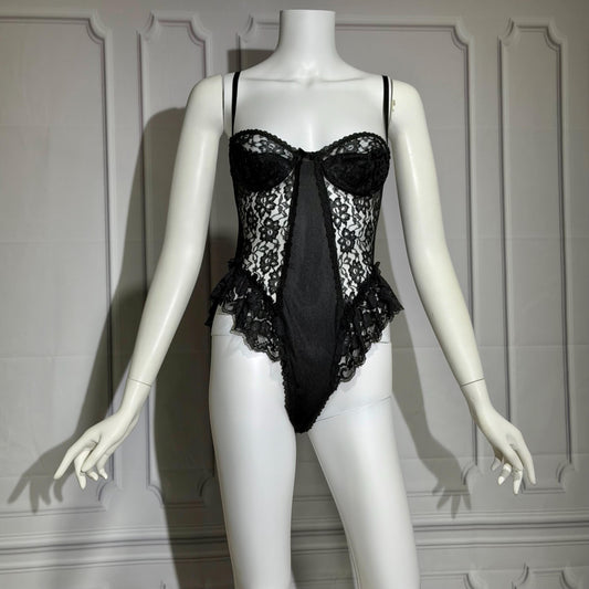 GIOVANNA vintage 1980s Lace Lingerie Teddy, black sheer lace teddy bodysuit