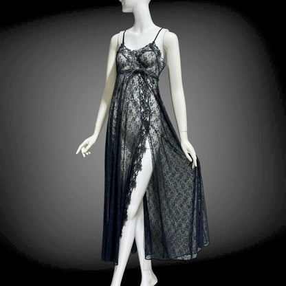 GLYDON'S vintage nightgown slip dress, Hollywood 1960s sheer black lace full length lingerie dress
