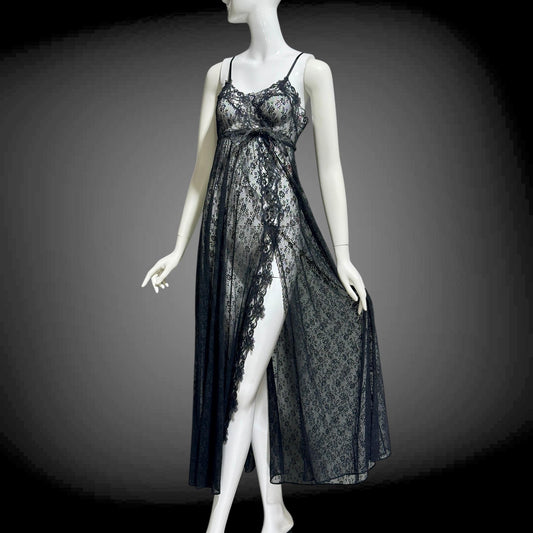 GLYDON'S vintage nightgown slip dress, Hollywood 1960s sheer black lace full length lingerie dress