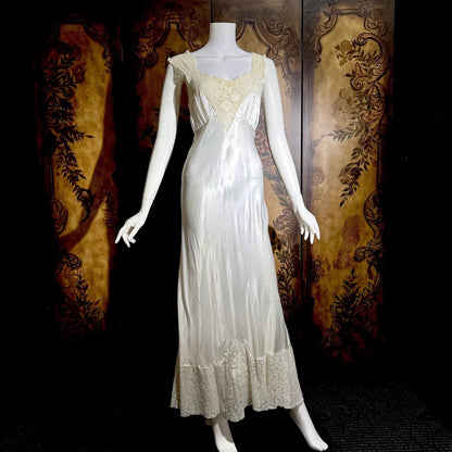 GODFRIED vintage 1930s Nightgown Slip Dress, Shiny white rayon lingerie dress