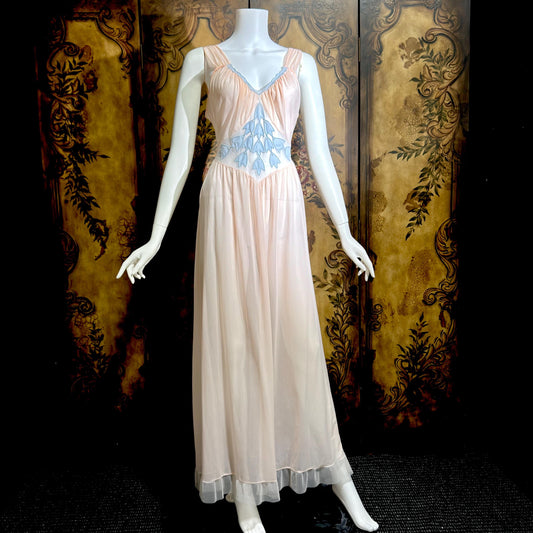 GOTHAM Vintage 1950s nightgown slip dress, GOLD STRIPE ethereal ballerina pink nylon lingerie dress