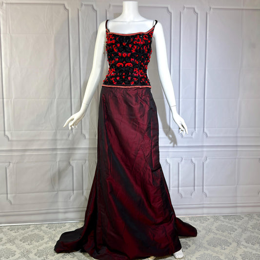 1980 evening dresses Vintage 1980s Strapless Black Velvet & Red Taffeta Evening Dress, Ann Lawrence, XS main image 0