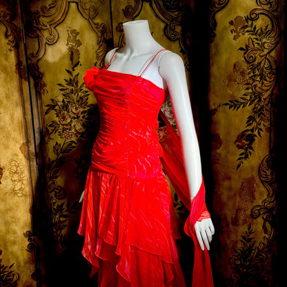 HARRY ACTON vintage evening dress gown, 1980s Red chiffon tiered ruffle scarf dress