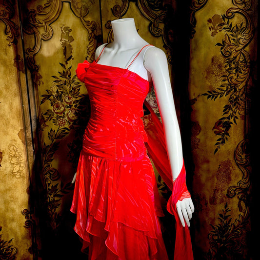 HARRY ACTON vintage evening dress gown, 1980s Red chiffon tiered ruffle scarf dress