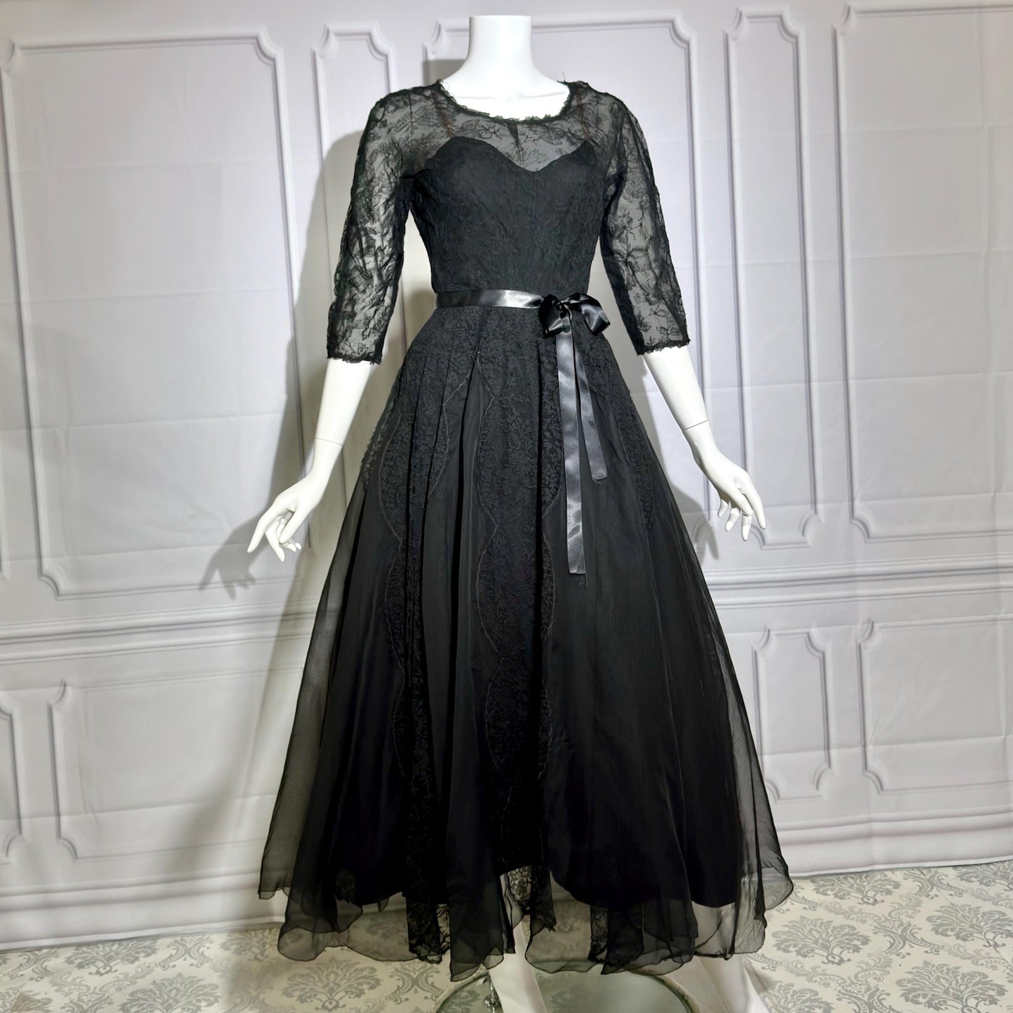 HENRI BENDEL vintage evening dress gown, 1950s black silk lace cocktail party ball gown