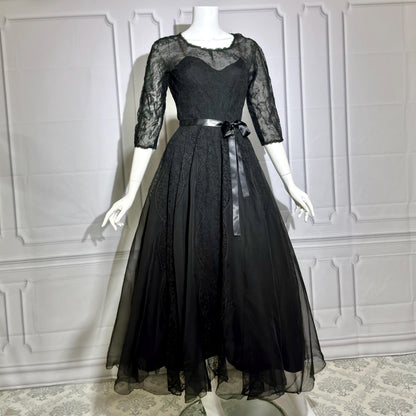HENRI BENDEL vintage evening dress gown, 1950s black silk lace cocktail party ball gown